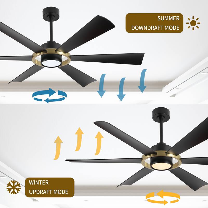 60" Large Modern 6-Blade Ceiling Fan with LED Light and Remote Control