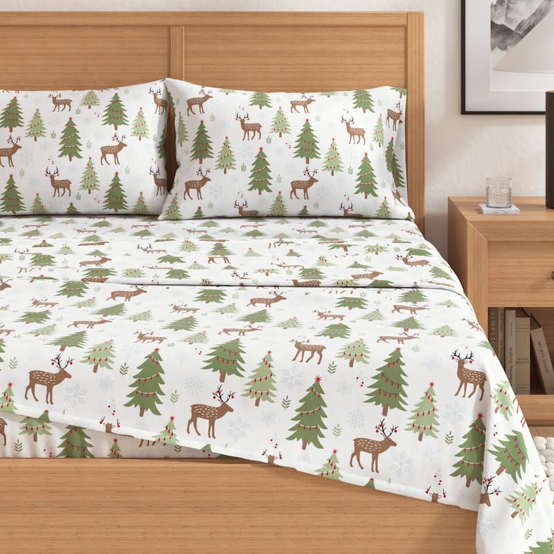 Linery & Co. Turkish Cotton Double-Brushed Christmas Flannel Bed Sheet Set