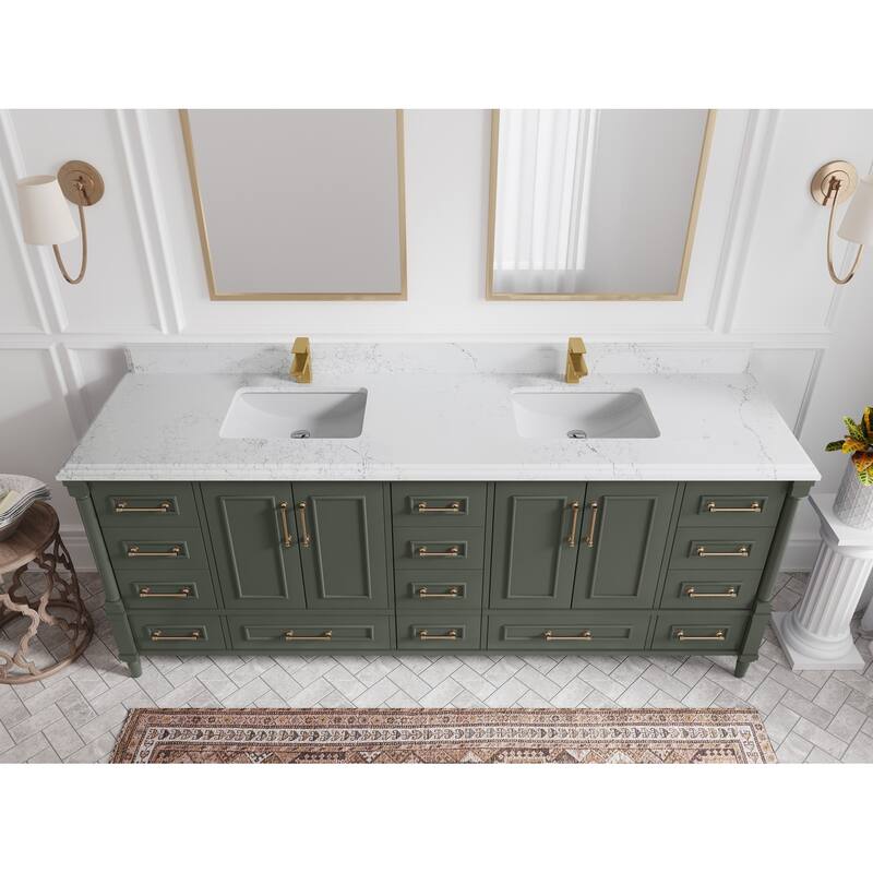 Willow Collections 84 in. W x 22 in. D Aberdeen Double Bowl Sink Bathroom Vanity in Pewter Green with Countertop - 1.5" Empira White - Pewter Green