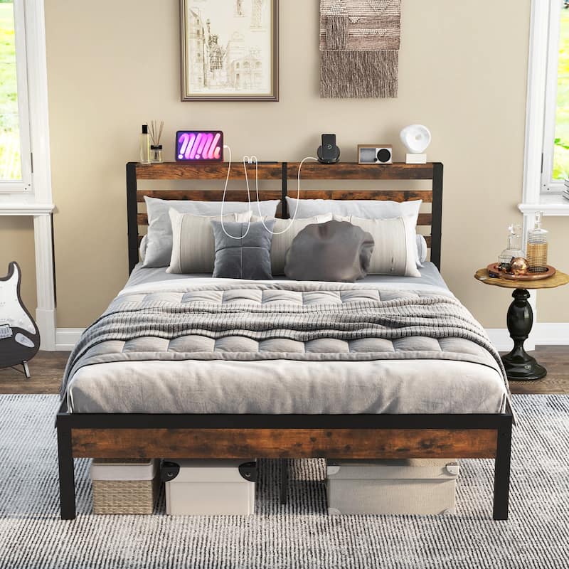 Costway Full Industrial Metal Platform Bed Frame Charging Station