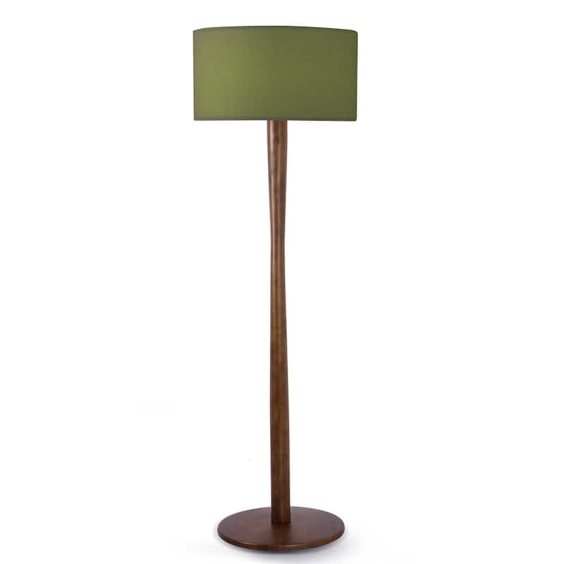 61 in. Retro Standing Floor Lamp with Rubberwood Base and Linen KD Lampshade for Bedroom, Living Room - Green