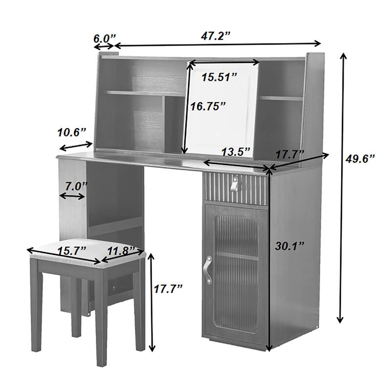 Mid-Century Modern Makeup Vanity Desk Set Includes Dressing Table & Stool, Sliding Makeup Mirror with 3-Color LED Light, Walnut