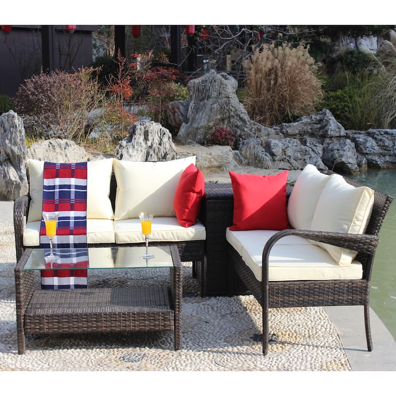 4 Piece Patio Sectional Wicker Rattan Outdoor Furniture Sofa Set with Storage Box Brown