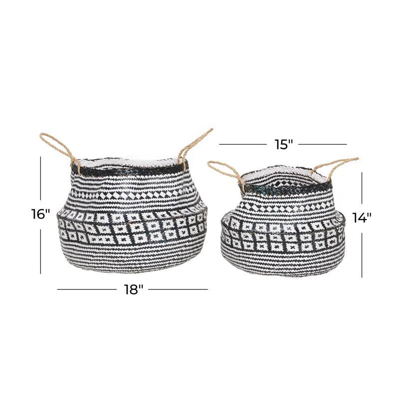 Black/White Seagrass Boho Eclectic Plant Storage Basket (Set of 2) - S/2 16", 14"H