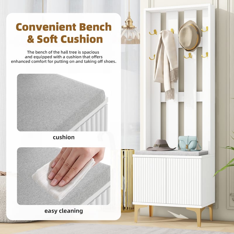 Modern 4-in-1 Hall Tree, Coat Rack with 8 Gold Hooks & Entryway Bench