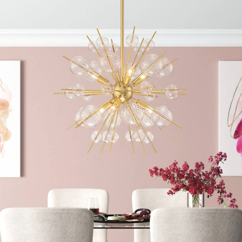 6-Light Mid-Century Modern Gold Linear Sputnik Textured Clear Glass Globe Bubble Chandelier for Dining Room