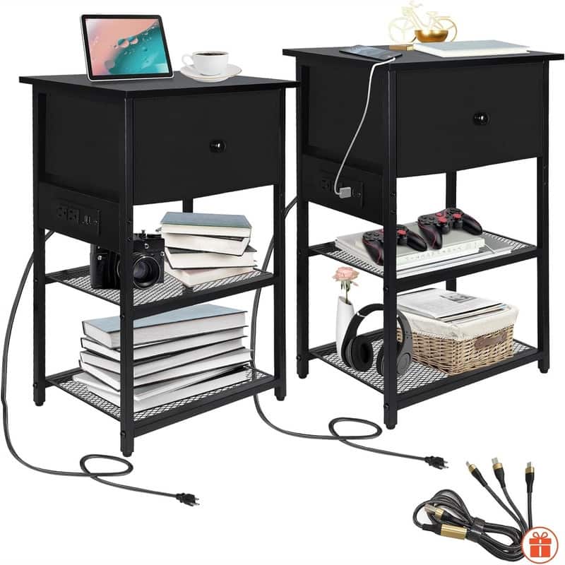 Nightstand with Charging Station - 11.81"D x 15.74"W x 25.19"H - 11.81"D x 15.74"W x 25.19"H - Black - Wood