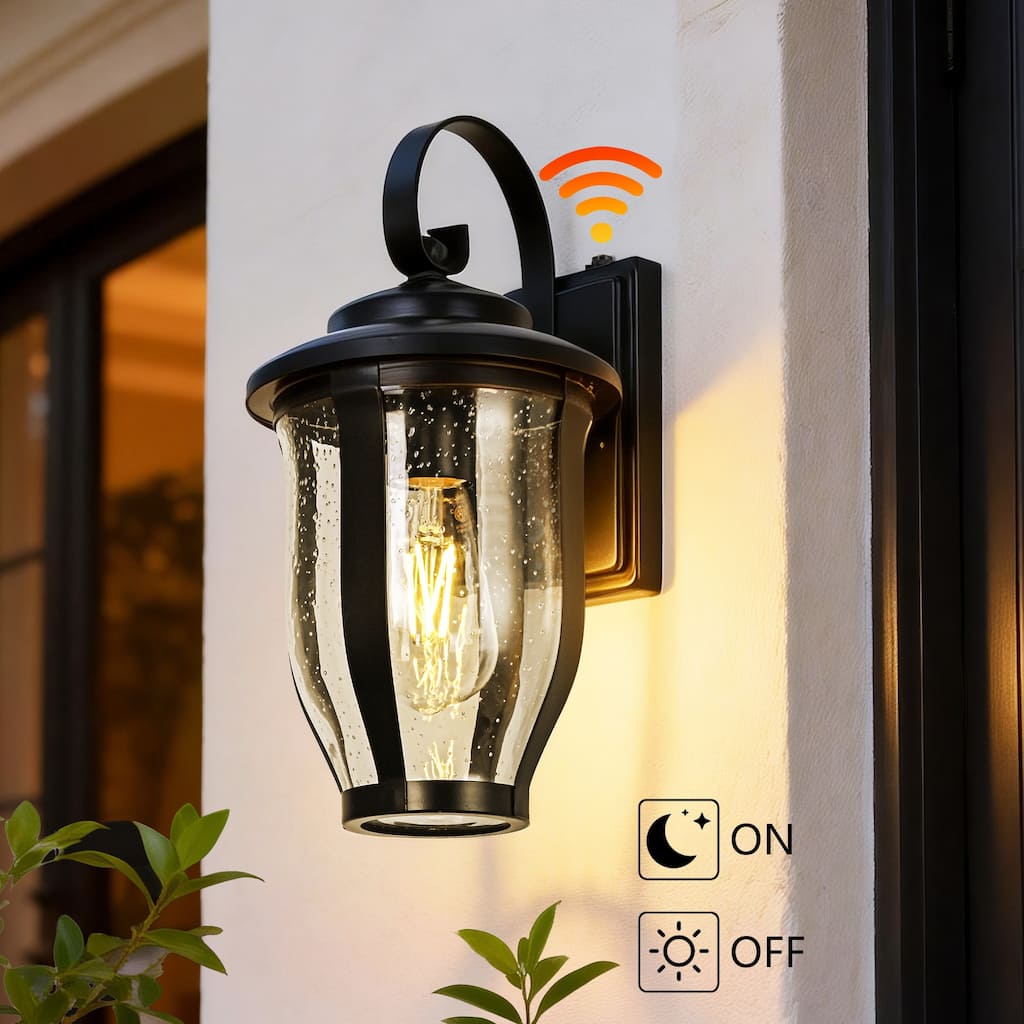 14 in. 1-Light Matte Black Dusk to Dawn Outdoor Wall Sconce with Clear Seeded Glass - E26, Wet Rated, Farmhouse Style