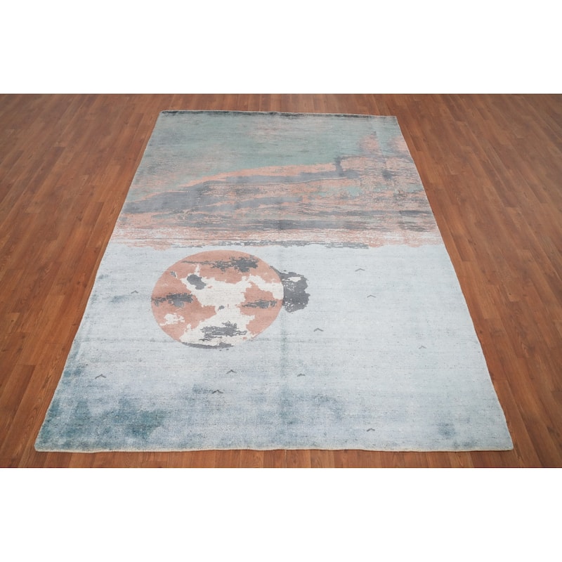 Hand Knotted Oriental Viscose Silk Carpet Modern Pictorial Multi-Colored Abstract Area Rug - 7' 8'' X 5' 9''