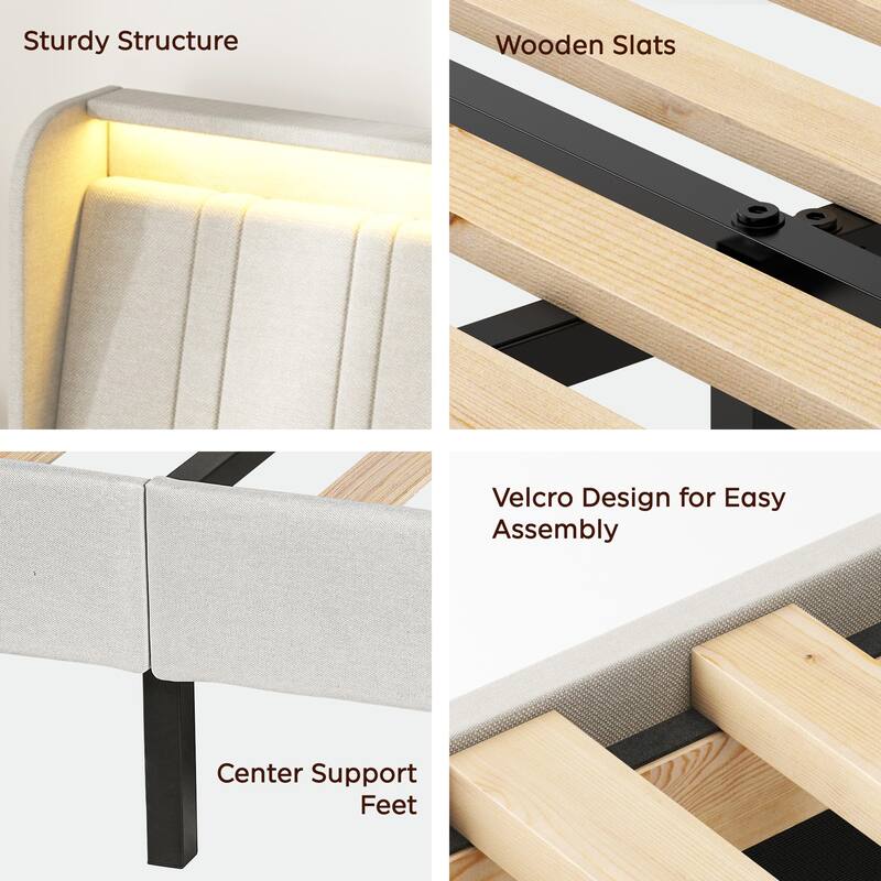 Platform Bed Frame with Fabric Upholstered Headboard and Wooden Slats Support, Fully Upholstered Mattress