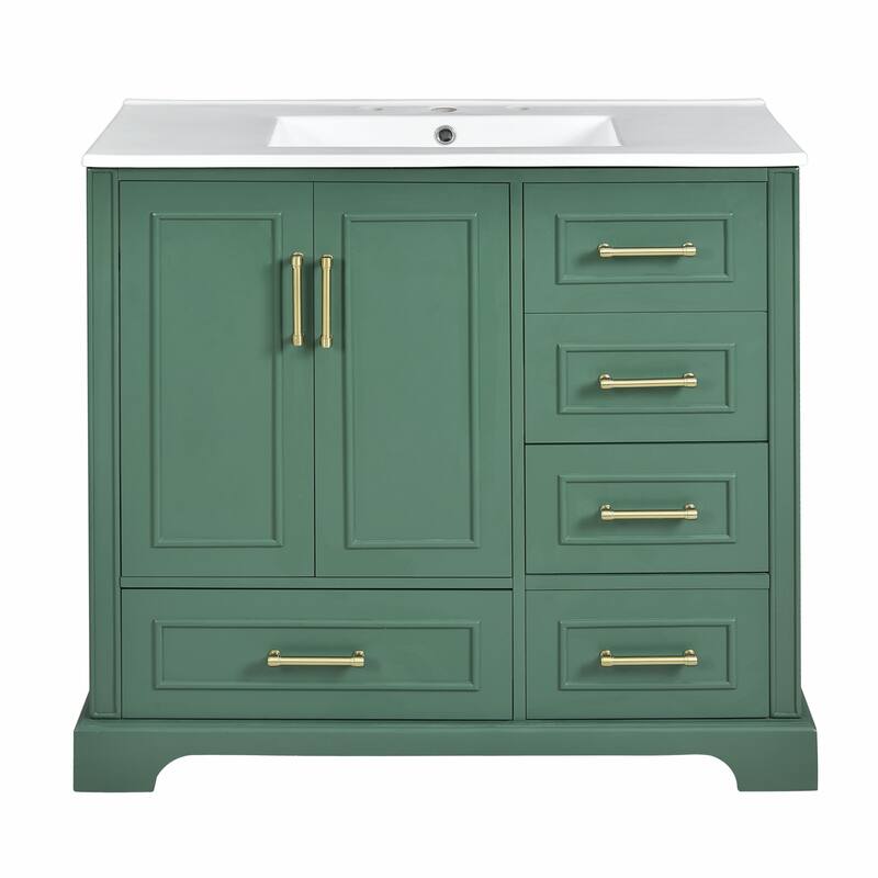 36" Bathroom Vanity with Ceramic Sink - Soft Close Doors and Four Storage Drawers