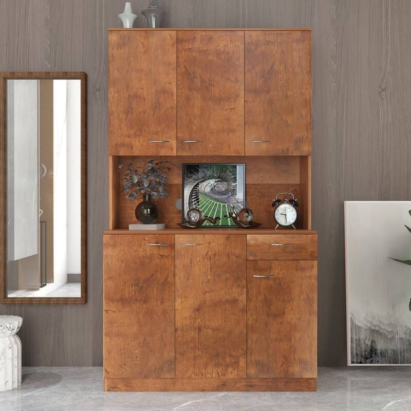 70.87" Tall Wardrobe& Kitchen Cabinet, with 6-Doors, 1-Open Shelves and 1-Drawer for bedroom,Walnut - Brown