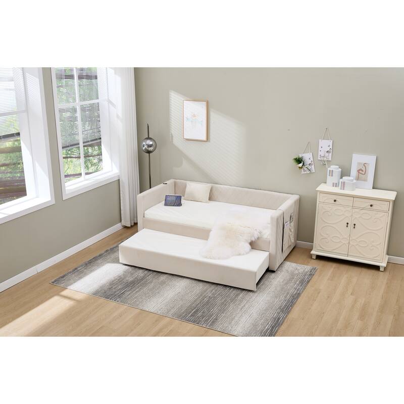 Twin Size Upholstered Daybed with Trundle, Velvet Sofa Bed with USB Port & Side Pockets, Modern V-Grained Backrest Guest Bed