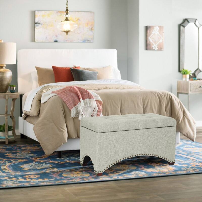 Adeco Linen Fabric Storage Ottoman Bench Footstool,Nailhead Trim