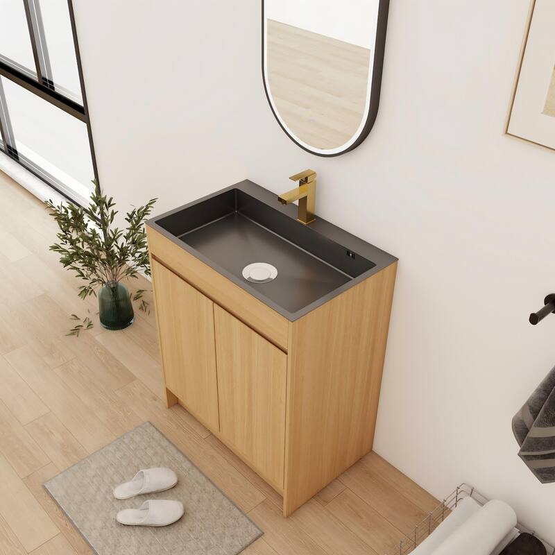 Bathroom Vanity With Stainless Steel Sink In 28 Inch, Floating/Freestanding Bathroom Vanity With 2 Soft Close Doors - 27.4''W×17.6''D×33.8''H - Beige
