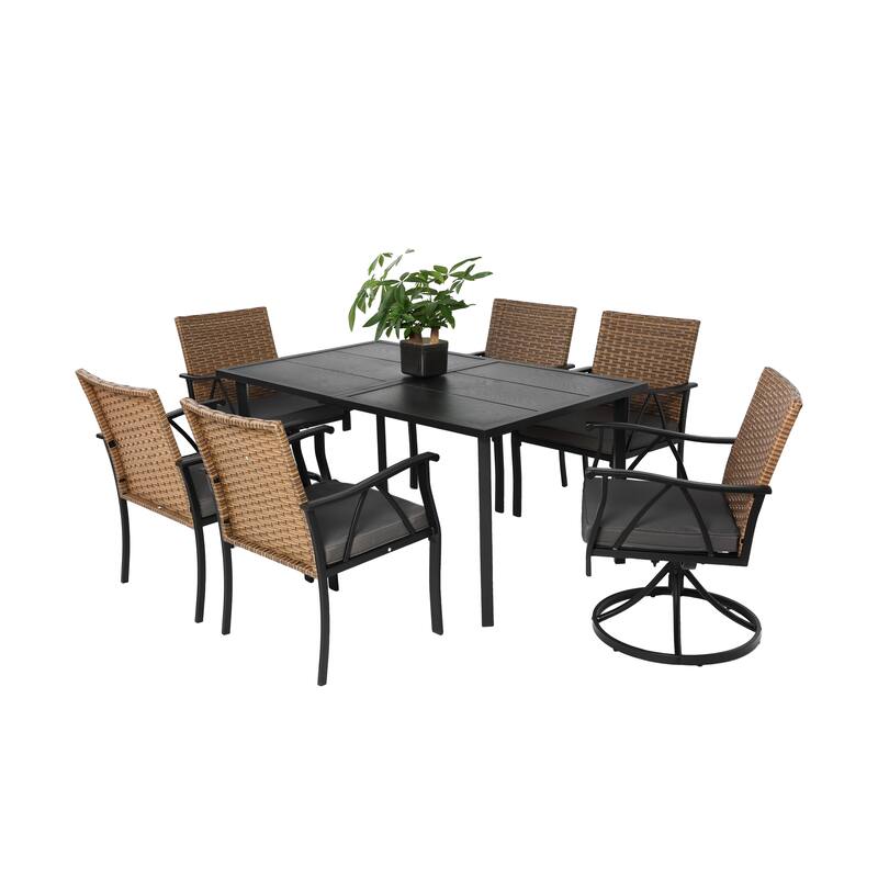 7-Piece Outdoor Patio Steel Dining Set with 59" Rectangular Table, 2 Swivel Rocker & 4 Armchairs, and Rattan Backrest