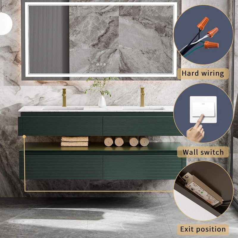 Modland 60" Modern Wall-Mounted Double Sink Bathroom Vanity with Engineered Stone Countertop, Soft-Close Drawers