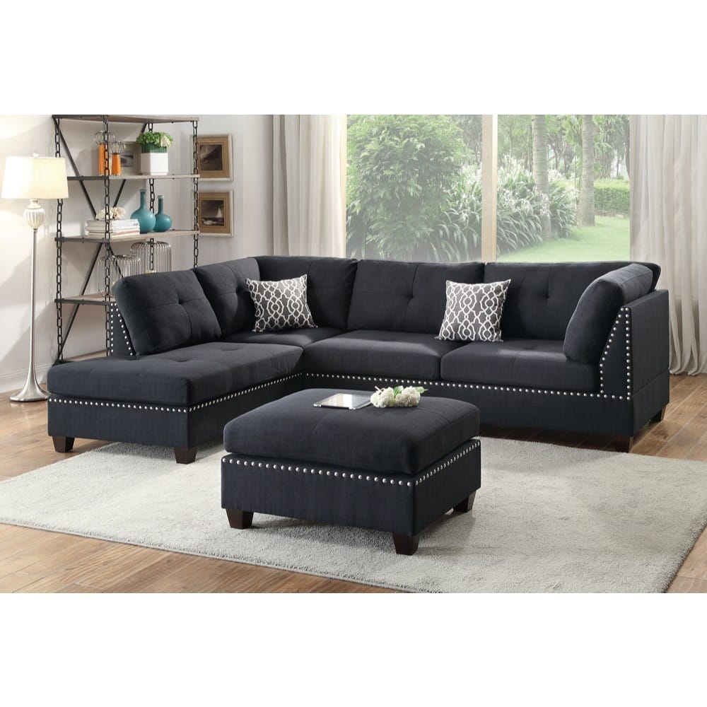 Polyfiber 3 Pieces Sectional Set With Ottoman In Black