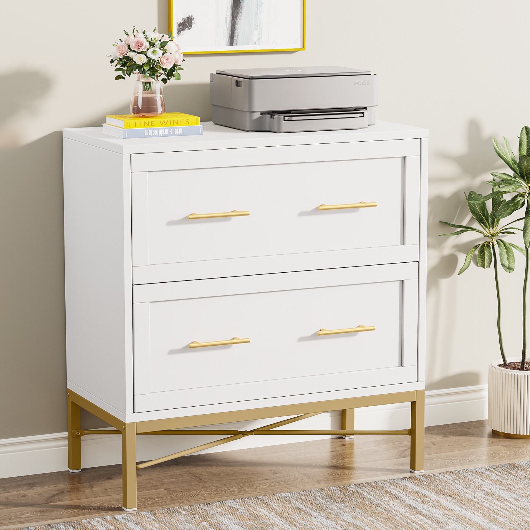 2 Drawer Lateral Filing Cabinet Modern File Cabinet Printer Stand Large Storage Cabinets for Letter Legal A4 Size White