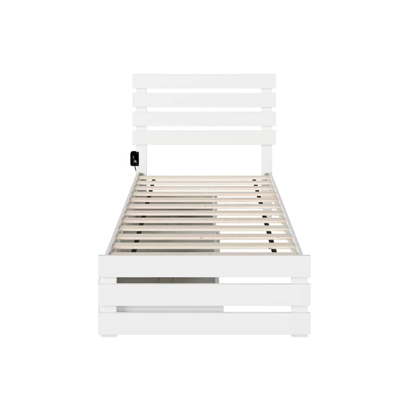 Twin Bed with Footboard & Drawers - USB Charger, Solid Wood Frame, Slat Support - White - 76" x 40"