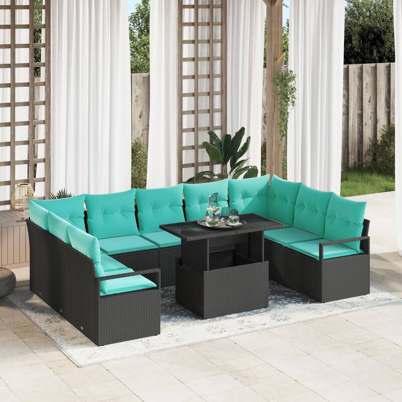 vidaXL 10 Piece Garden Sofa Set with Cushions Black Poly Rattan - 113.8×69.7×27.2