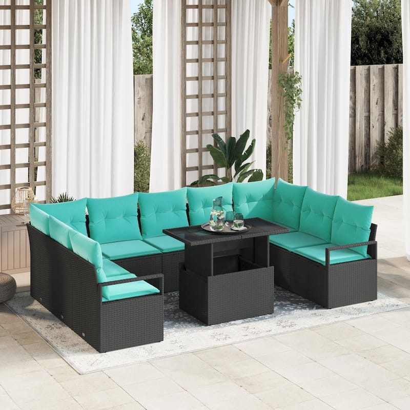 vidaXL 10 Piece Garden Sofa Set with Cushions - 113.8×69.7×27.2 - Black