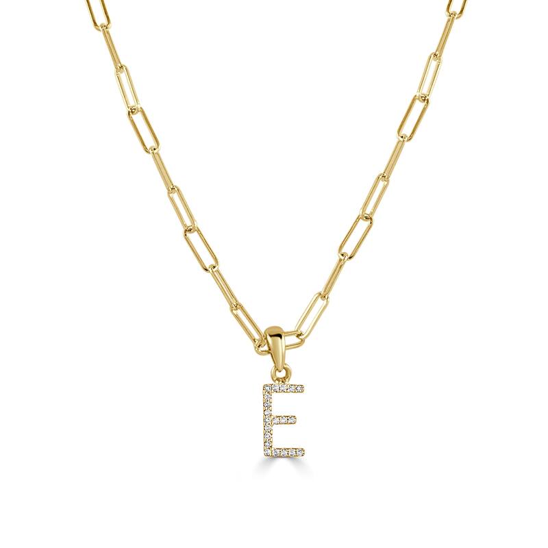 Joelle Collection Diamond Initial Letter Necklace Paperclip 14K Gold 16-inch Chain 1/10 TDW Necklace - E - Yellow