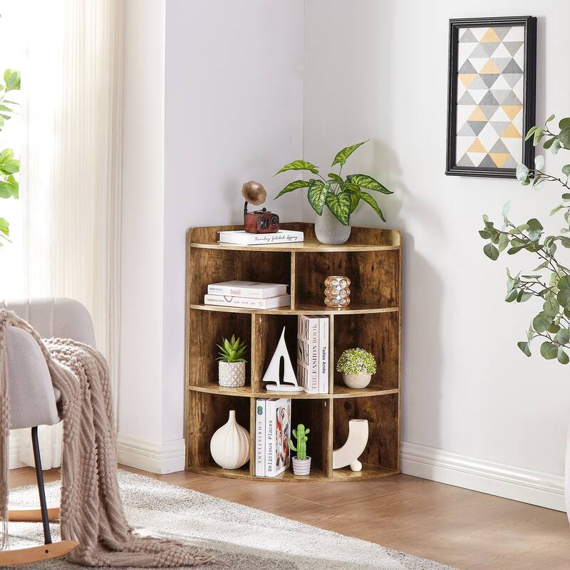 VECELO Corner Cabinet with Charging Station or No Charging Station 3-Tier Bookcase Storage Organizer Triangle Corner Bookcases - NO Charging Station - Brown