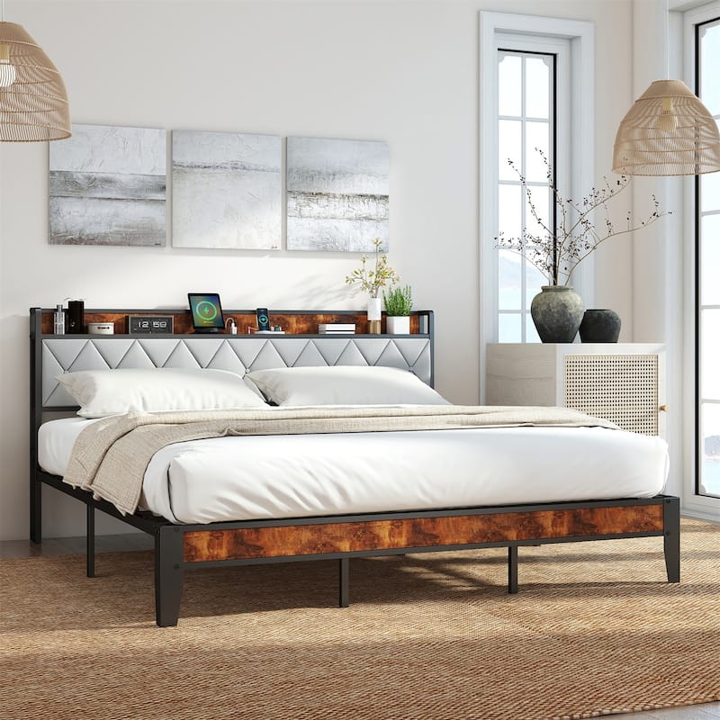 King Size Bed Frame with Charging Station and Storage Shelf, Metal Platform Bed with Headboard, No Box Spring Needed