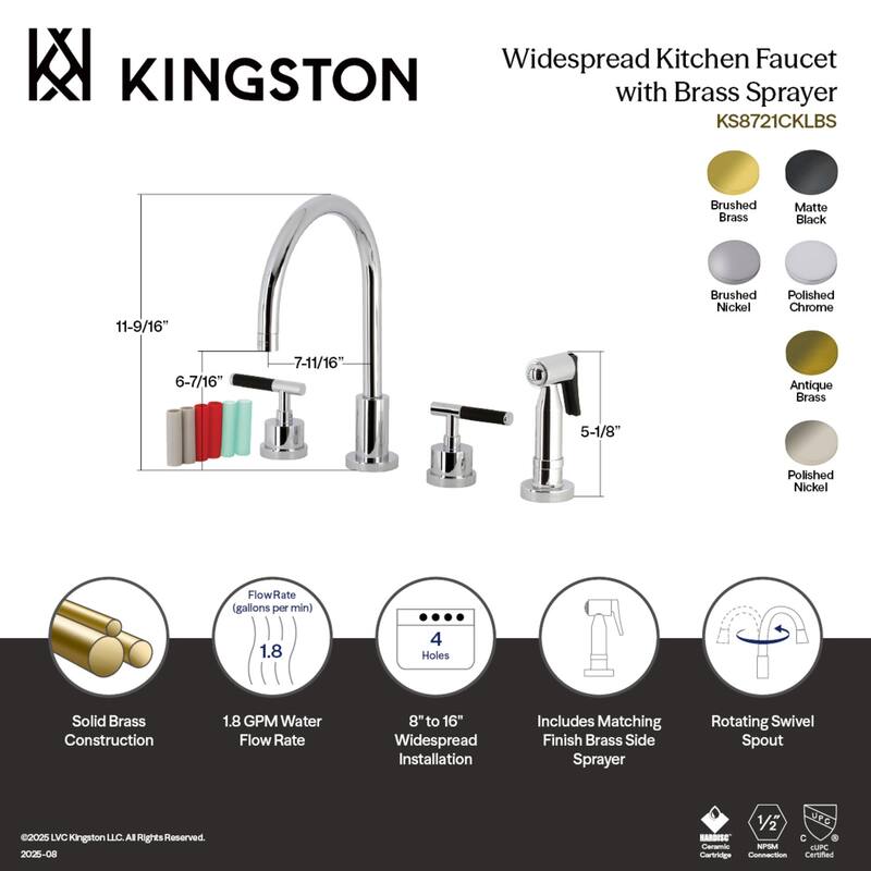 Kingston Brass Kaiser Widespread Kitchen Faucet with Brass Sprayer