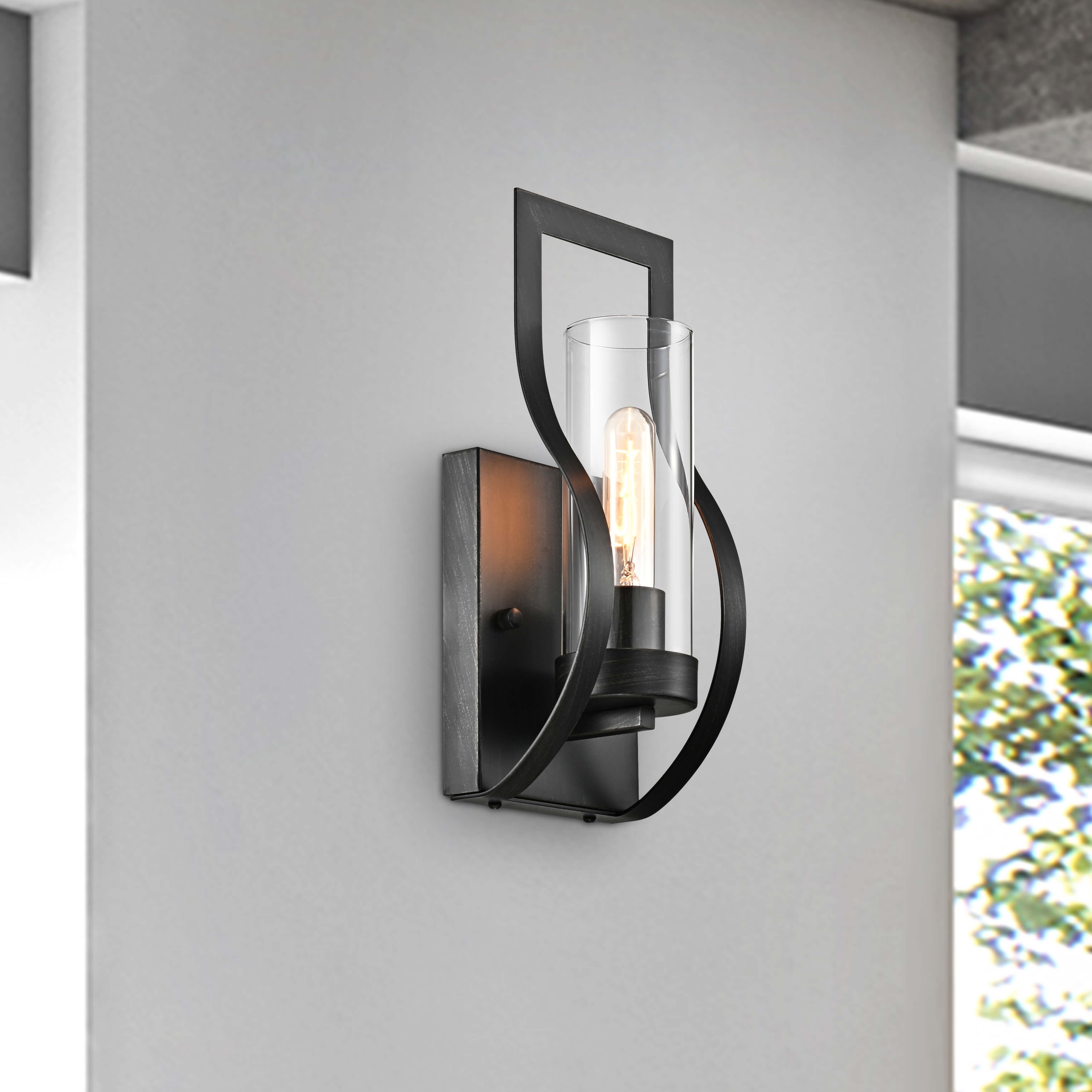 Anastasia 1 Light Wall Sconce with Clear Glass Shade and Curved Frame - Antique Black