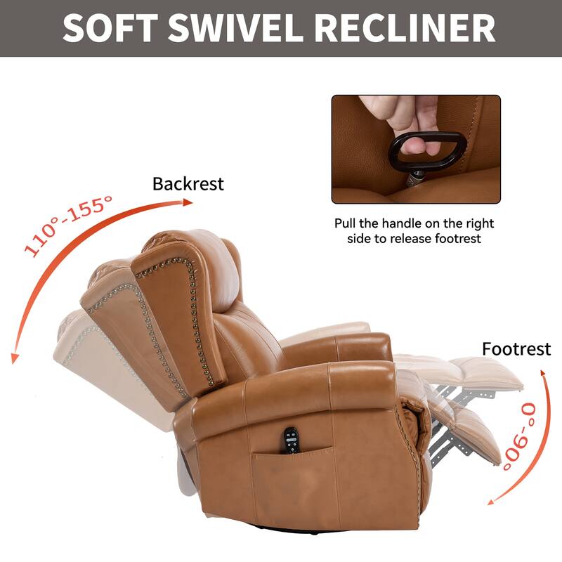 Manual Recliner Chair with Heat & Massage, Genuine Leather Swivel Recliner Chair, Lounge Sofa Chair with Side Pockets