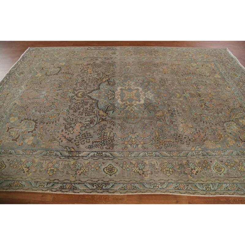 Hand Knotted Oriental 100% Wool Carpet Traditional Floral Brown Tabriz Area Rug - 11' 3'' X 7' 10''