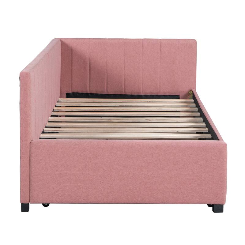 Twin Daybed Frame Linen Upholstered Sofa Bed L Shaped Backrest Mattress Holde Slat Support with Twin Size Trundle