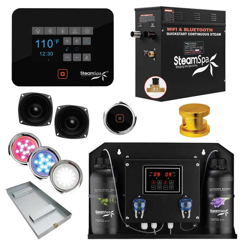 Black Series WiFi and Bluetooth 9kW QuickStart Steam Bath Generator Package with Dual Aroma Pump in Gold - Gold