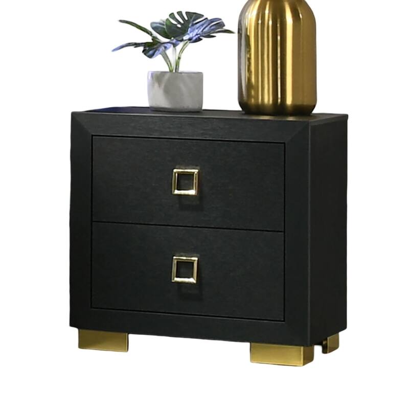 Modern 1pc Nightstand Black Color Center Glide 2-Drawers Bedside Table Square Pulls Bedroom Furniture