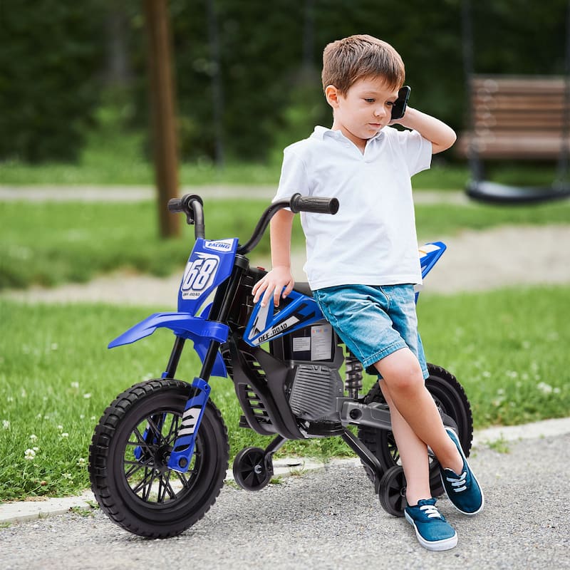 Blue Kids Dirt Bike 12V Electric Motorcycle with Training Wheels, Toddler Ride-On Motorcycle with Music