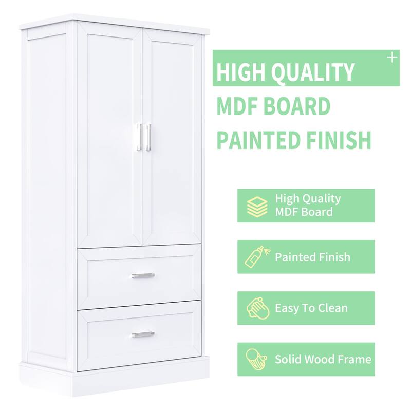 Tall Bathroom Storage Cabinet with Two Doors and Drawers, Adjustable Shelf, MDF Board