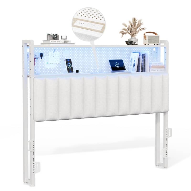 Adjustable Upholstered Headboard with 2 Tier Shelves with Charging Stations and LED Lights, Modern Bed Headboard with Storage - Linen and off white - Full
