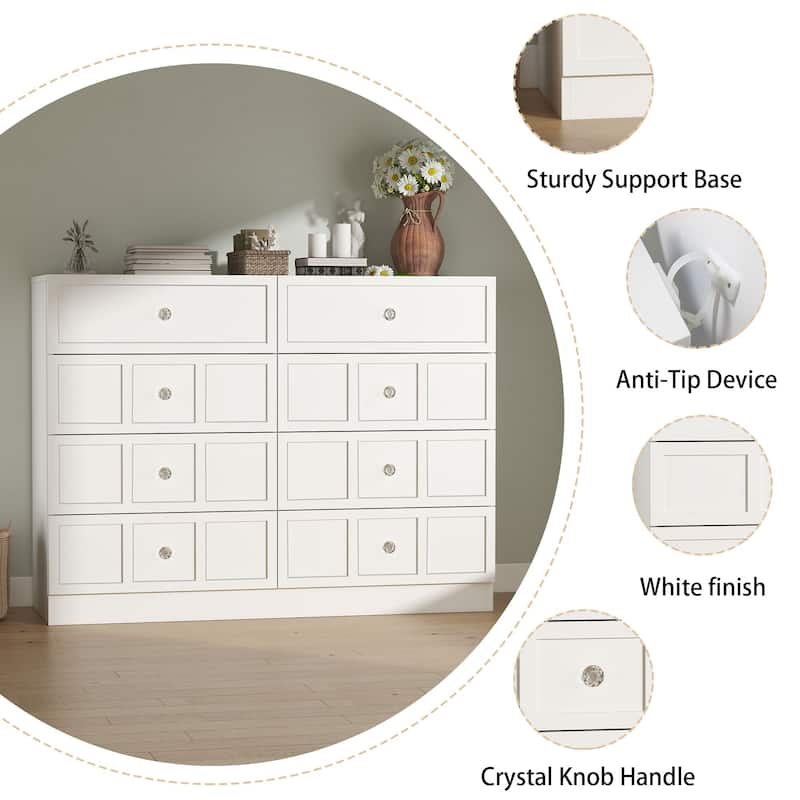 8 Drawer White Dresser, Modern Wood Storage Cabinet with Wide Top, Bedroom Chest Organizer