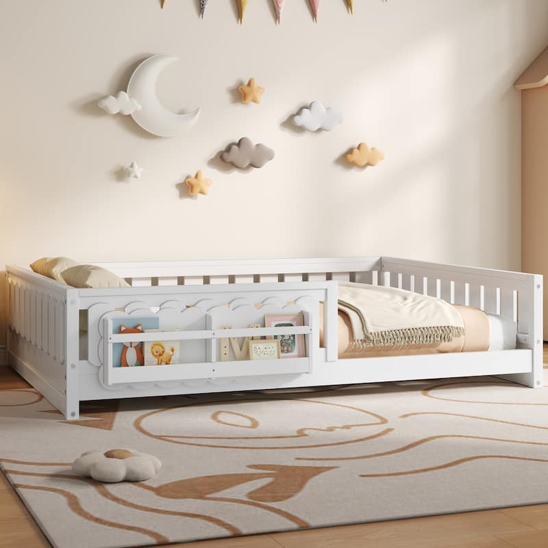 Kid Wood Platform Storage Bed Montessori Toddler Floor Bed Children Daybed with Guardrail and Side Creativity Storage Shelves