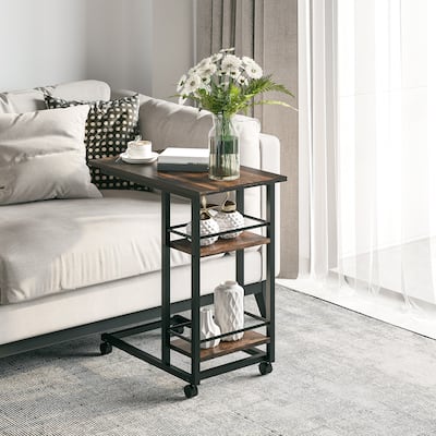 HOMCOM C Shaped End Table with Storage Shelves, Mobile Side Table with Wheels