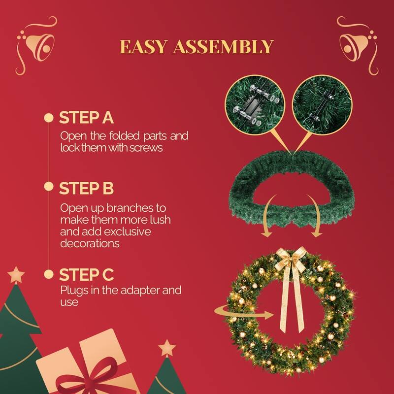 4Pre-lit Christmas Wreath with Warm White Lights and DIY Ornaments for Front Door Gate Wall Xmas Party Decorations