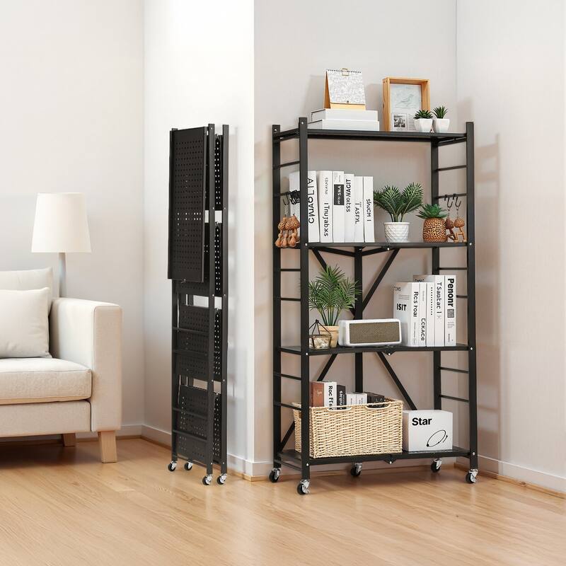 Black Carbon Steel 4 Tier Folding Garage Storage Shelf with Wheels - 13 x 28 x 54 in