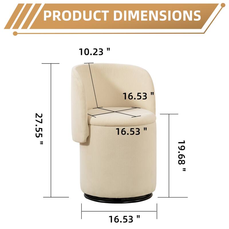Stylish Upholstered Barrel Chair: 360°Swivel Vanity Stool for Bedroom & Dining Chair, Built-in Storage, Soft Padded Accent Seat