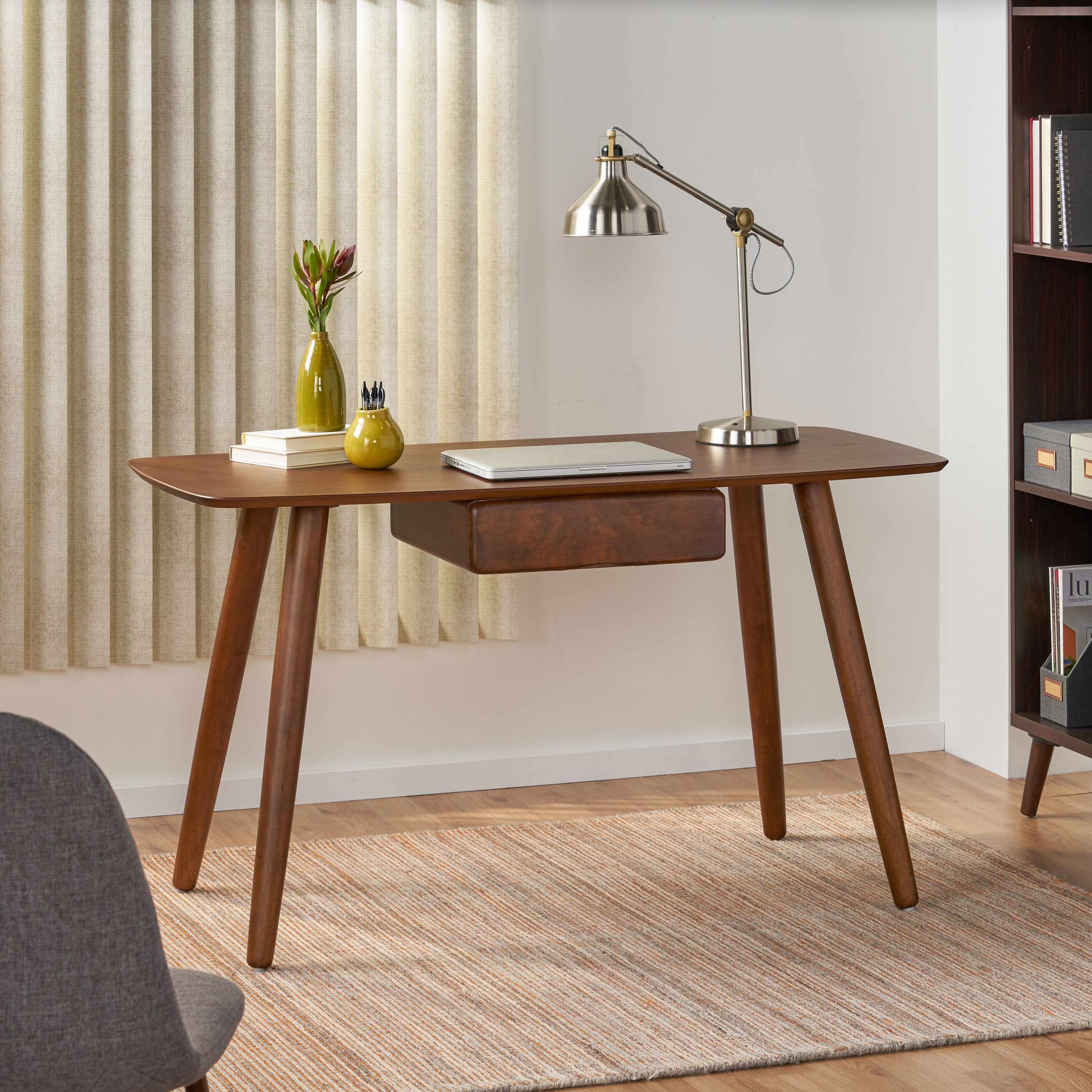 Roomfitters Mid Century Modern Writing Desk, Home Office Computer Table with Storage Nook and Tapered Wood Legs, Walnut