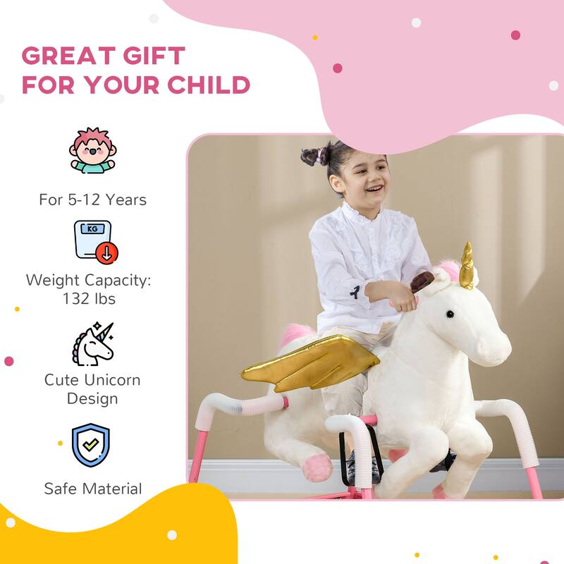 Qaba Spring Rocking Horse, Kids Ride on Horse for 5-12 Years, Ride on Toy with Sound, Unicorn Design, Pink