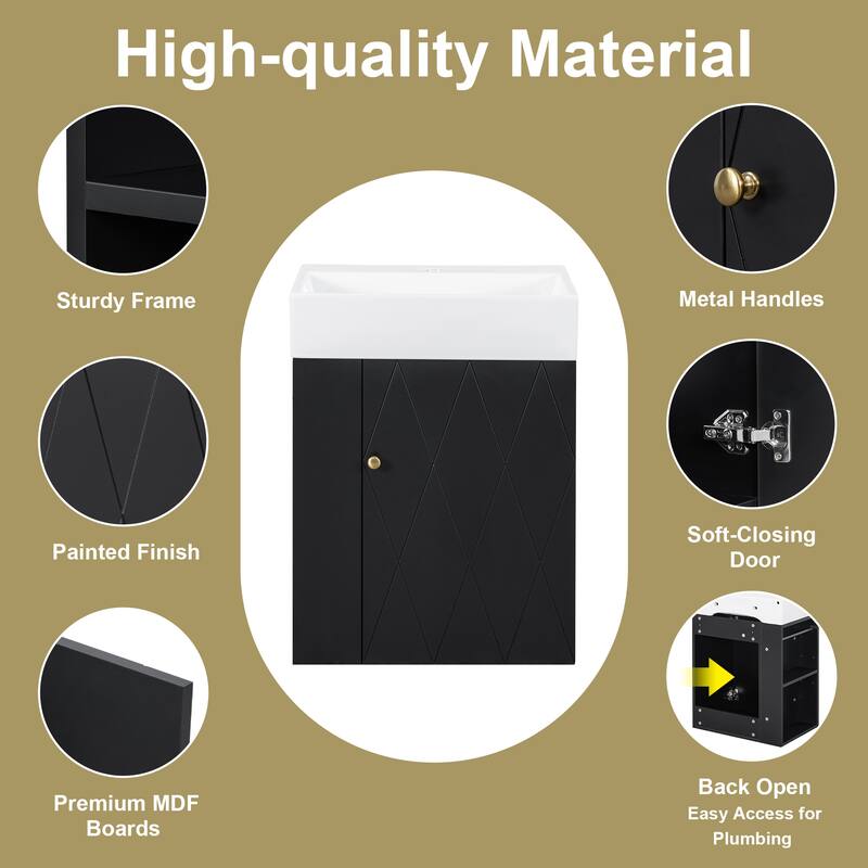 Wall-mounted Small Bathroom Vanity with Ceramic Sink, Floating Ceramic Sink Cabinet with Side Storage Shelves, 20 Inch