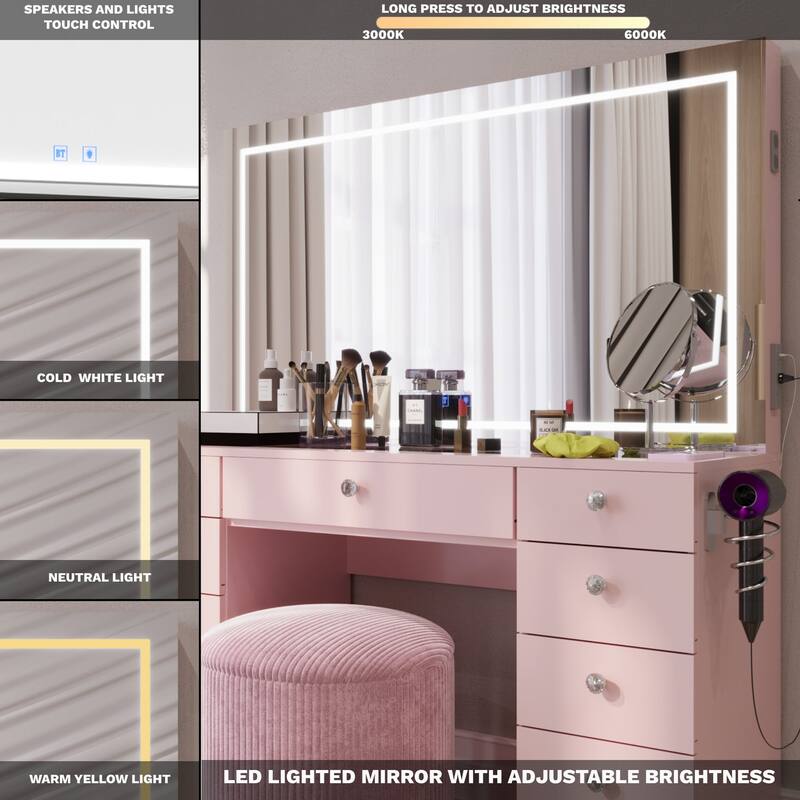 Boahaus Smart Vanity Desk with LED Mirror & Bluetooth Speakers
