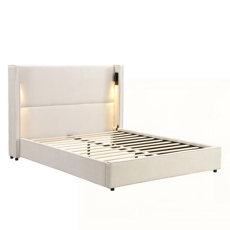 Upholstered Bed Frame with Reading Lamp and USB port